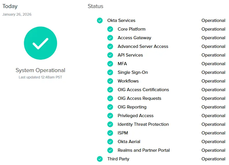 Okta platform status and reliability dashboard